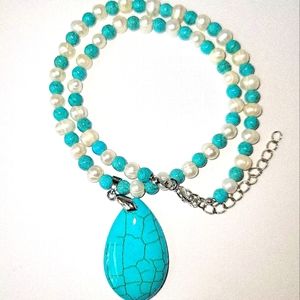 NEW! Turquoise Howlite Beads & Pendant w/ White Freshwater Pearls Necklace
